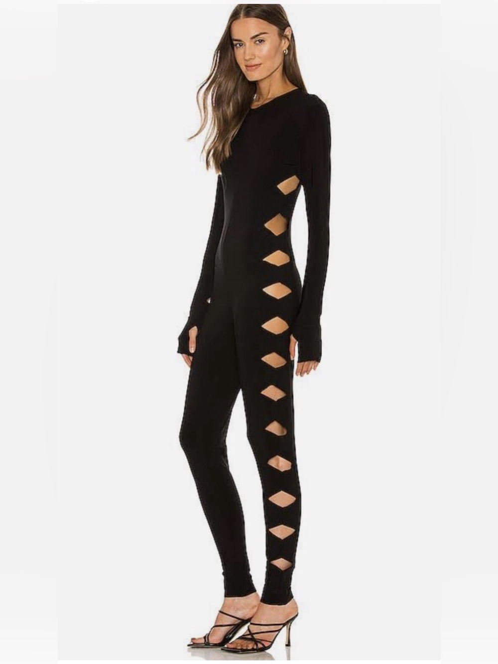 Norma Kamali Black Crew Neck long-sleeved Alligator Catsuit jumpsuit NEW Size S